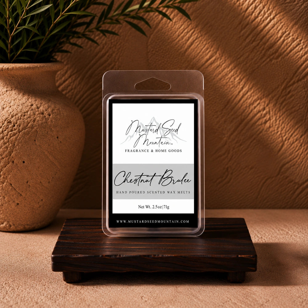 Chestnut Brulee wax melts with fragrance notes of roasted chestnut, brown sugar, warm spices and rich vanilla