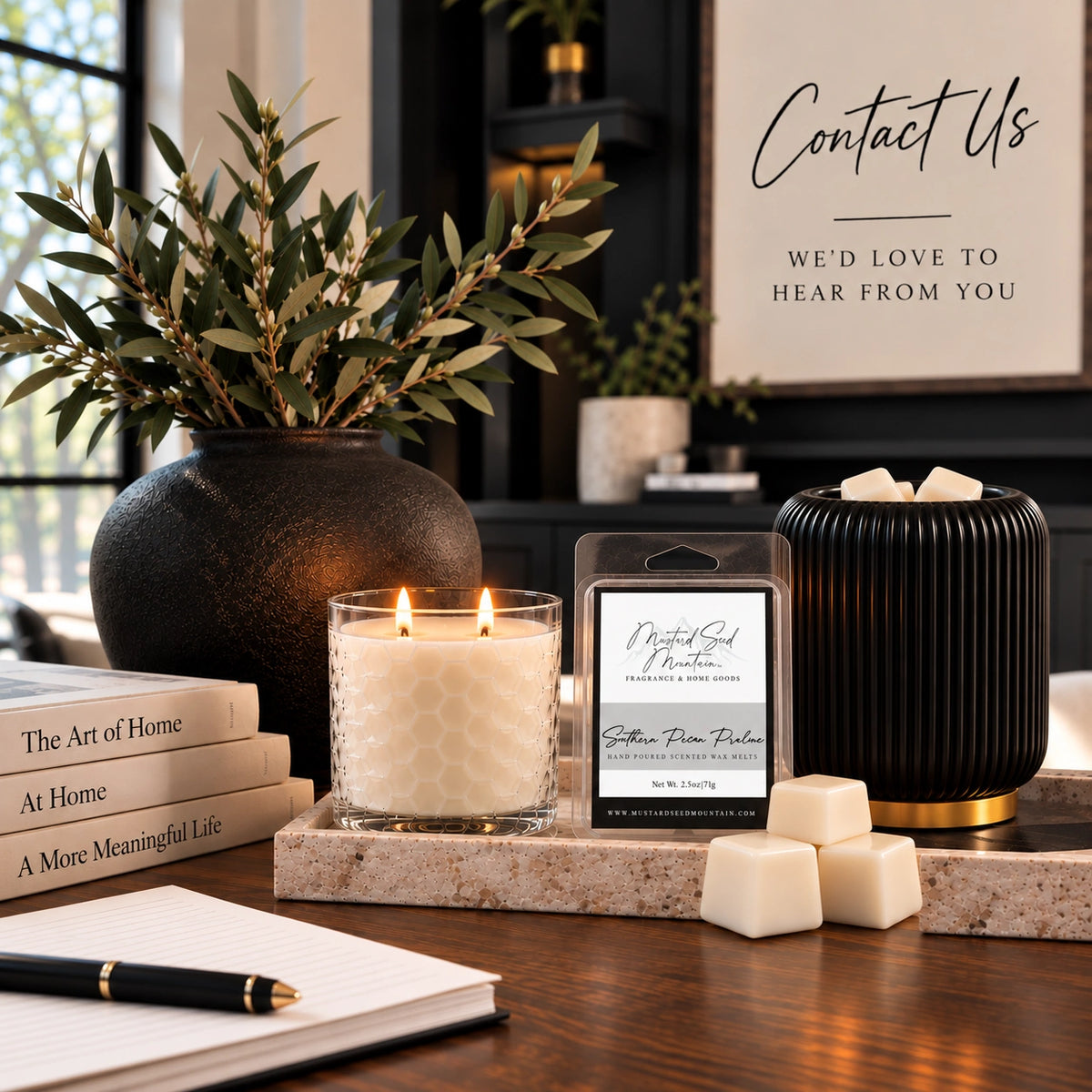 Mustard Seed Mountain candle, wax melts and wax warmer styled in a cozy home setting